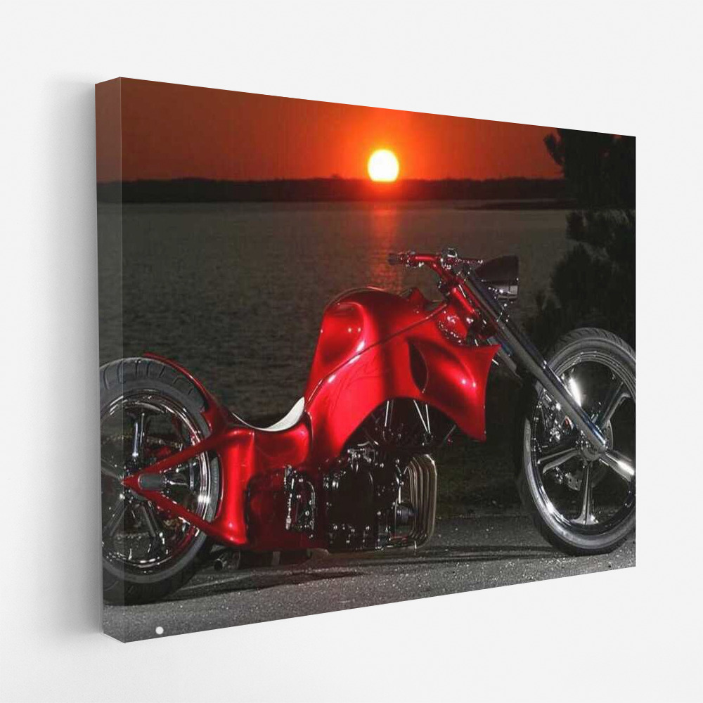 Red Custom Motorcycle at Sunset: Freedom and Speed