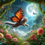 Cat on Butterfly Wings: Magical Flight in the Forest