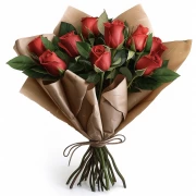 Bouquet of scarlet roses of the Grand Prix variety in elegant packaging