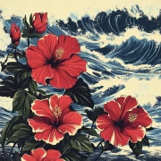 Tropical Hibiscus: Red Hawaiian Flower on Seascape Background