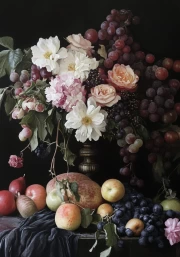 Peonies Sarah Bernhardt and Roses Among Fruit Abundance - Fruits and Flowers 3