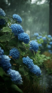 Blue Hydrangeas: Floral Symphony in the Rain