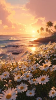 Chamomile Sunset on the Beach: Summer Enchantment