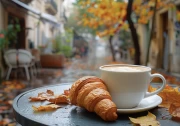 Coffee Morning with Croissant on Autumn Street