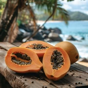Tropical Papaya on Wooden Table: Exotic Freshness