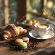 Cozy Breakfast with Croissants and Macarons