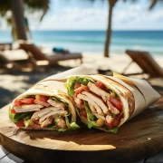 Chicken Burrito on the Sandy Beach: Juicy Food Photography Mood