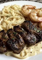 Gastronomic Symphony: Pasta Alfredo with Shrimp and Steak