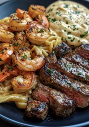 Gourmet Symphony: Shrimp, Steak and Pasta