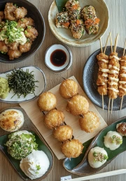 Japanese Delights: Chicken Skewers, Takoyaki and Rolls