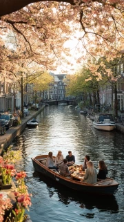 Amsterdam Canal in Spring: Blooming Trees and Boats