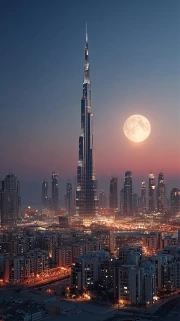 Lunar Dubai: Skyscraper Glows in the Night