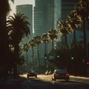 Los Angeles Sunset Glow: City Skyscrapers and Palm Trees