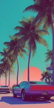 Miami's Neon Sunset: Palm Trees and Retro Cars in the Cityscape
