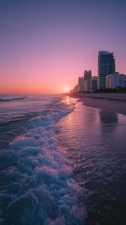 Miami Sunset Charm: Waves and Skyscrapers in Golden Light