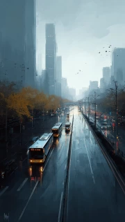 Megapolis in the Rain: City Panoramas and Streets