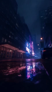 Neon Night: City Skylines and Rainy Streets
