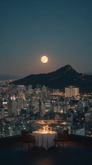 Moonlit Seoul: Skyscrapers and Mountains in South Korea's Night