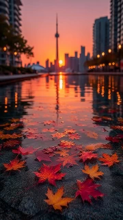 Autumn Sunset Over Toronto: Silhouetted Towers and Vibrant Leaves