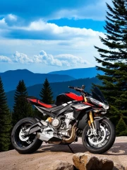 The Pinnacle of Dynamics: Aprilia Tuono 660 on a Mountain Peak with a Forest Background