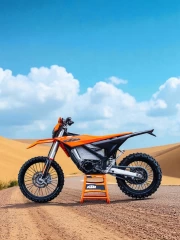 Electric KTM Freeride E ride on gravel road with dunes