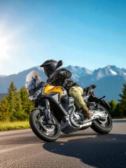 Moto Guzzi Stelvio Icon on Sunny Highway with Mountains