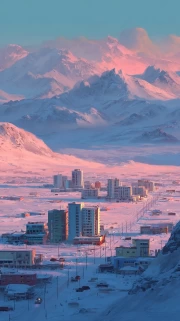 Winter Morning: Mountains and City in Pink Light