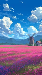 Summer Idyll: Flower Fields and a Mill under a Blue Sky