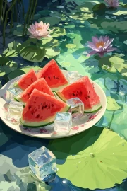Summer Watermelon Splash on Lily Pads: Summer Nature Landscape
