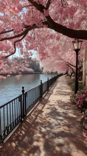 Spring Charm: Pink Flowers by the River