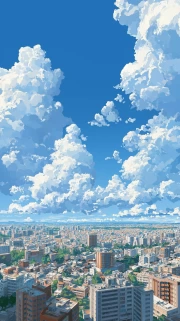 Summer Sky: Floating Clouds Over Cityscape