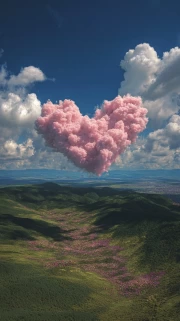 Pink Cloud Heart Over Green Hills: Harmony of Nature and Sky