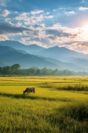 Harmony of nature: field, mountains and sky for peace at home