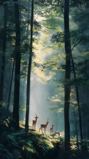 Deer Dance in the Sunny Forest: Natural Scenery and Forest Trees