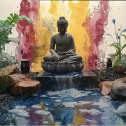 Buddha in the River Flow: Harmony of Nature and Vibrant Colors