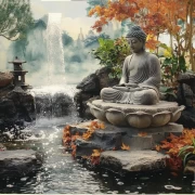 Buddha Among Autumn Waterfalls: Harmony of Nature and Zen