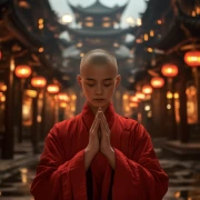 Young Monk in Meditation Among the Temple Lights