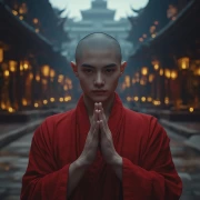 Young Monk in the Evening Temple: Peace and Harmony