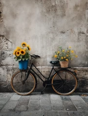 Vintage Bicycle with Sunflowers: Comfort and Tranquility