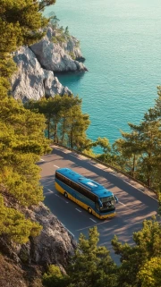 Bus Trip by the Sea: Road, Pines and Rocks