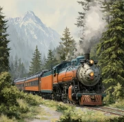 Steam Train Journey Through Forest and Mountains: Transport of Time and Space