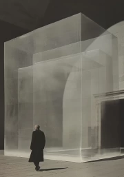 Explorer in Black and White Isometric Cube: Surreal Journey