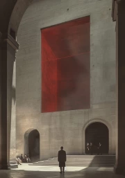 Mysterious Figure at the Red Cube: A Surreal Isometric World