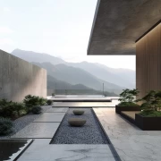 Architectural Harmony: View from the Roof to the Majestic Mountains