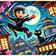 Ninja and Cat: Moon Adventure Among Sakura and Pagodas