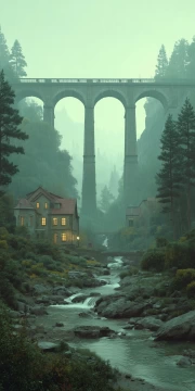 Arch Bridge in the Embrace of the Misty Mountains: Architectural Grandeur