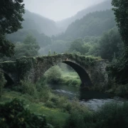 Architectural Symphony: Magic Bridge in Fog and Greenery