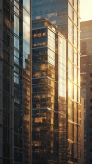 Golden Glow of Glass Giants: Modern Architecture and Buildings