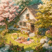 Picnic Idyll: Blooming Garden at a Country House in Cottagecore Style