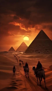 Caravan at the Pyramids: Sunset over Ancient Egypt